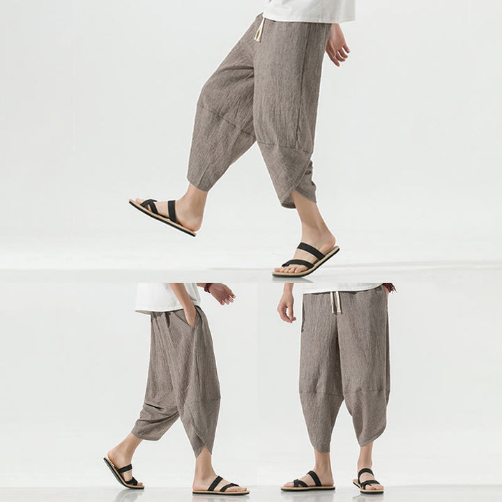 Buddha Stones無地 シンプルデザイン ドローストリング 7-8丈 リネン メンズ ハーレムパンツ ポケット付き
