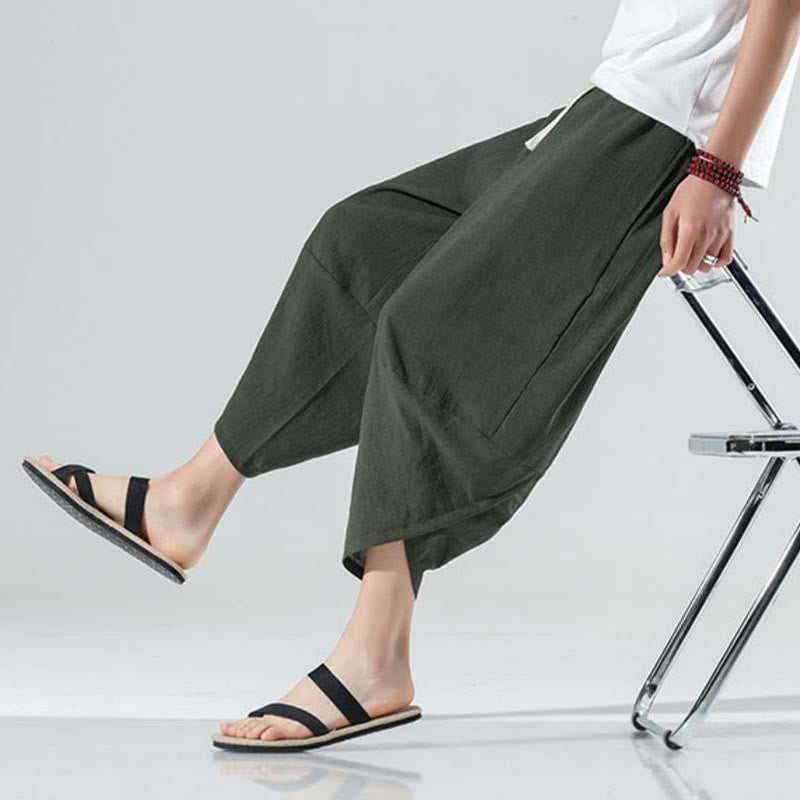 Buddha Stones無地 シンプルデザイン ドローストリング 7-8丈 リネン メンズ ハーレムパンツ ポケット付き - image 26