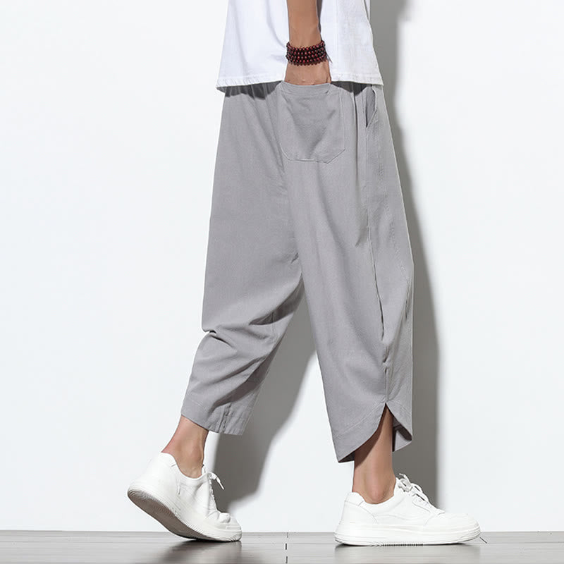 Buddha Stonesカジュアル サマー ドローストリング 7-8丈 リネン メンズ ハーレムパンツ ポケット付き