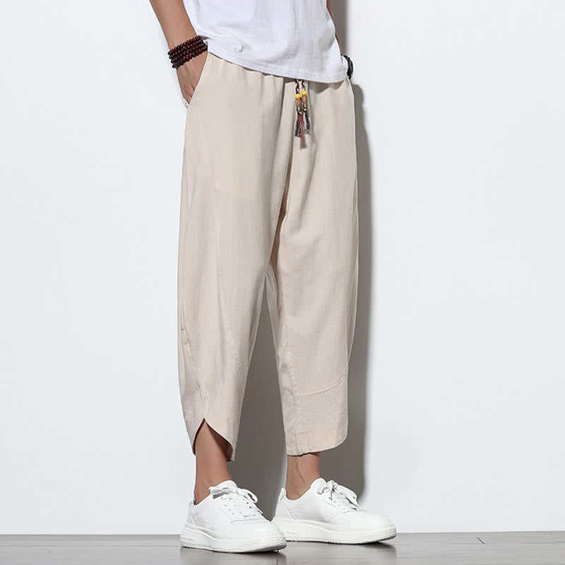 Buddha Stonesカジュアル サマー ドローストリング 7-8丈 リネン メンズ ハーレムパンツ ポケット付き