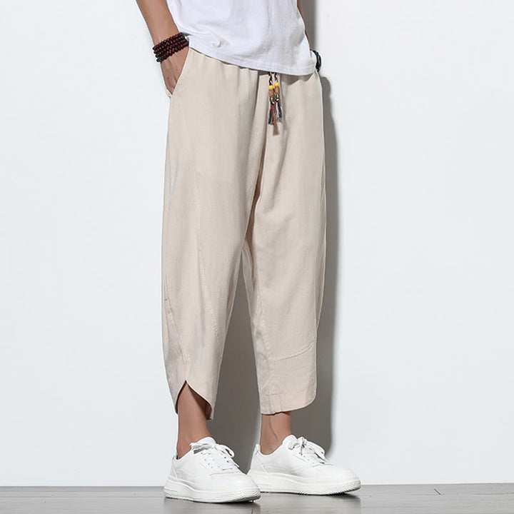 Buddha Stonesカジュアル サマー ドローストリング 7-8丈 リネン メンズ ハーレムパンツ ポケット付き