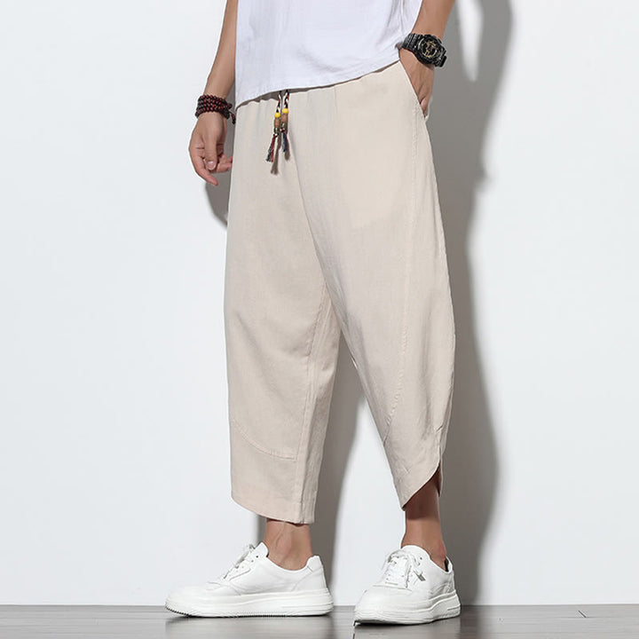 Buddha Stonesカジュアル サマー ドローストリング 7-8丈 リネン メンズ ハーレムパンツ ポケット付き