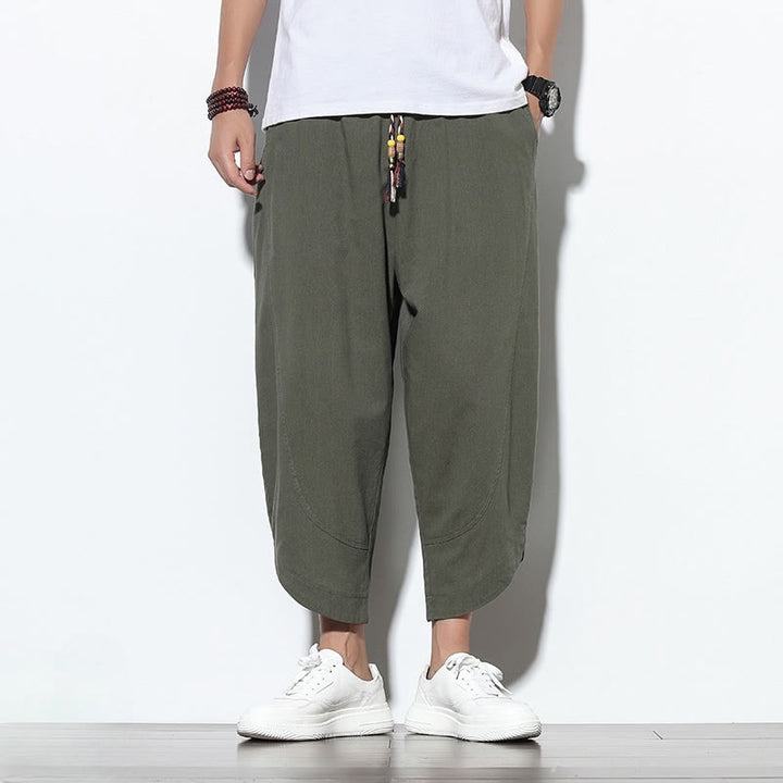 Buddha Stonesカジュアル サマー ドローストリング 7-8丈 リネン メンズ ハーレムパンツ ポケット付き