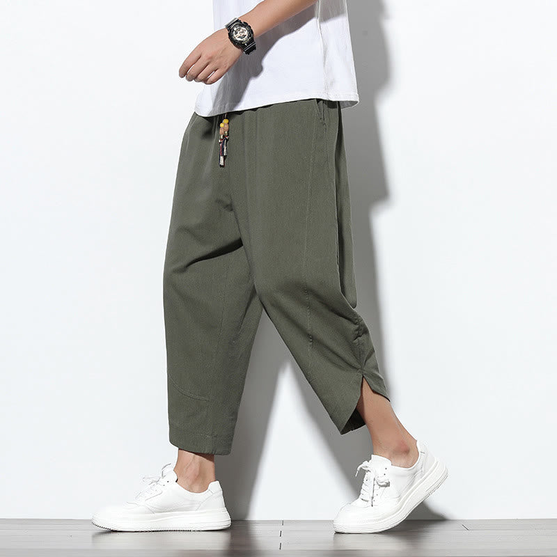 Buddha Stonesカジュアル サマー ドローストリング 7-8丈 リネン メンズ ハーレムパンツ ポケット付き