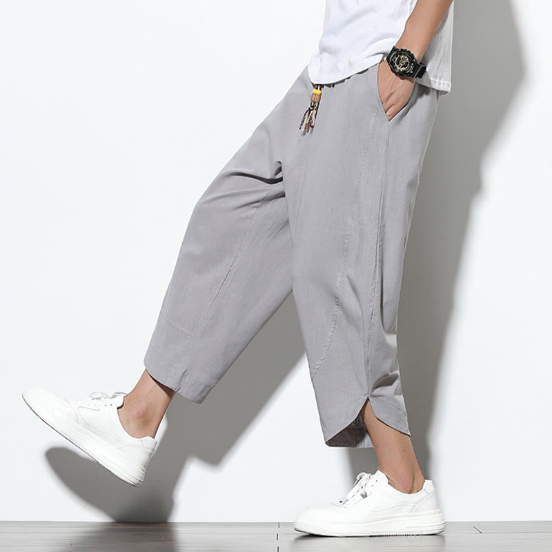 Buddha Stonesカジュアル サマー ドローストリング 7-8丈 リネン メンズ ハーレムパンツ ポケット付き