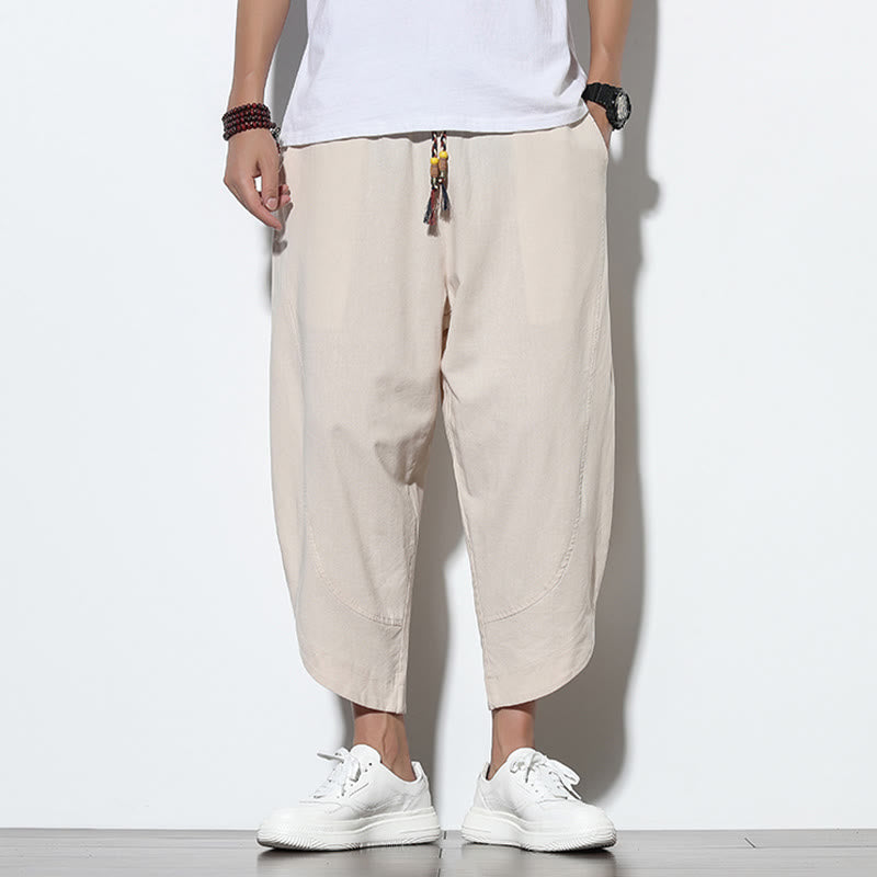 Buddha Stonesカジュアル サマー ドローストリング 7-8丈 リネン メンズ ハーレムパンツ ポケット付き