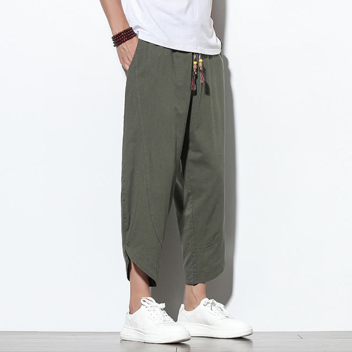 Buddha Stonesカジュアル サマー ドローストリング 7-8丈 リネン メンズ ハーレムパンツ ポケット付き
