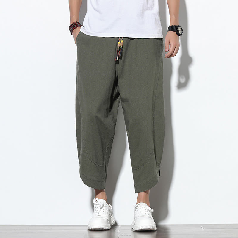 Buddha Stonesカジュアル サマー ドローストリング 7-8丈 リネン メンズ ハーレムパンツ ポケット付き