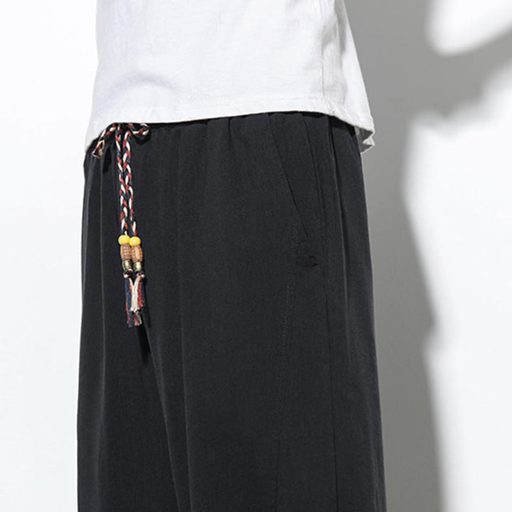 Buddha Stonesカジュアル サマー ドローストリング 7-8丈 リネン メンズ ハーレムパンツ ポケット付き