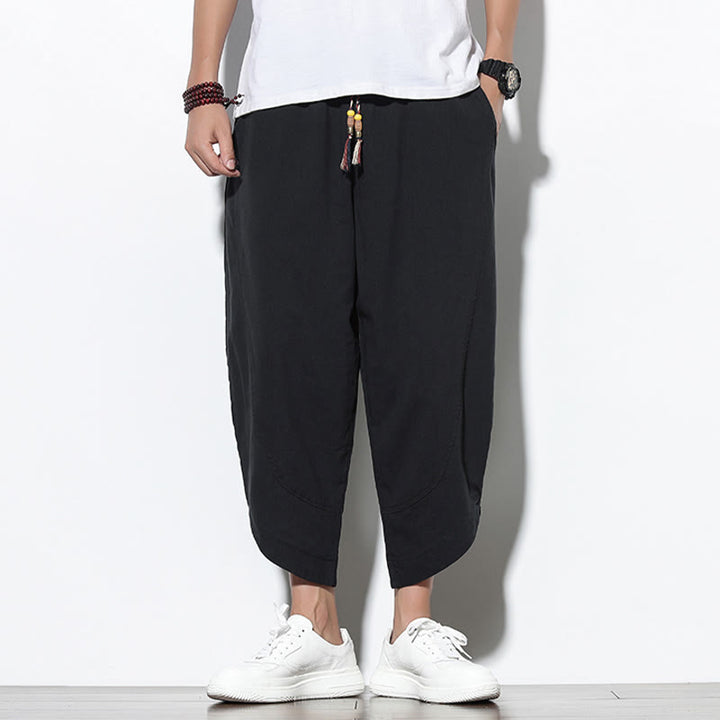 Buddha Stonesカジュアル サマー ドローストリング 7-8丈 リネン メンズ ハーレムパンツ ポケット付き