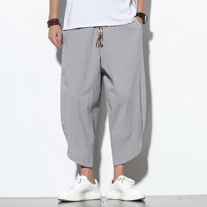Buddha Stonesカジュアル サマー ドローストリング 7-8丈 リネン メンズ ハーレムパンツ ポケット付き