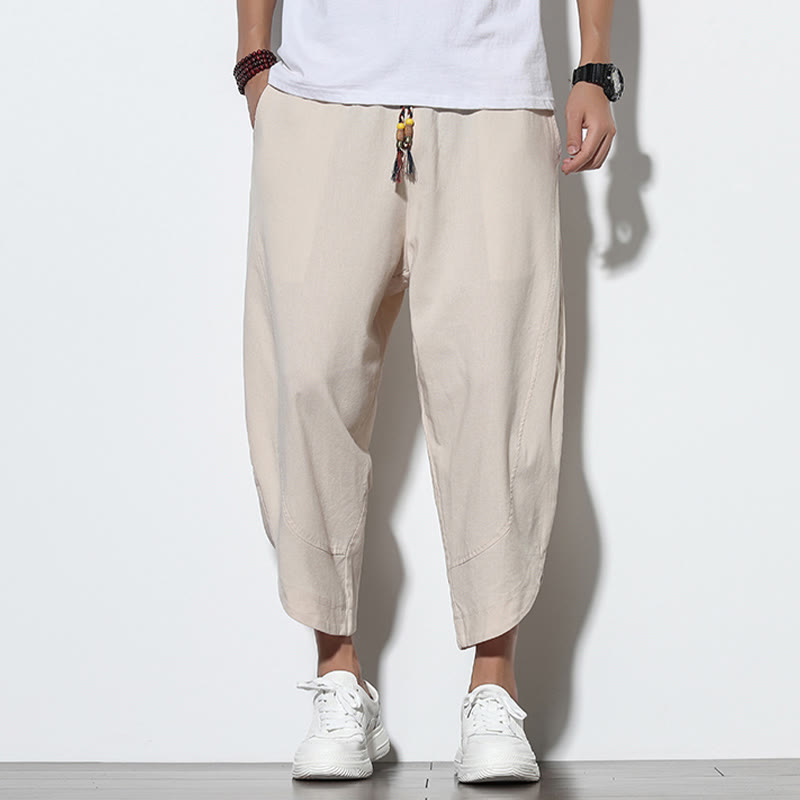 Buddha Stonesカジュアル サマー ドローストリング 7-8丈 リネン メンズ ハーレムパンツ ポケット付き