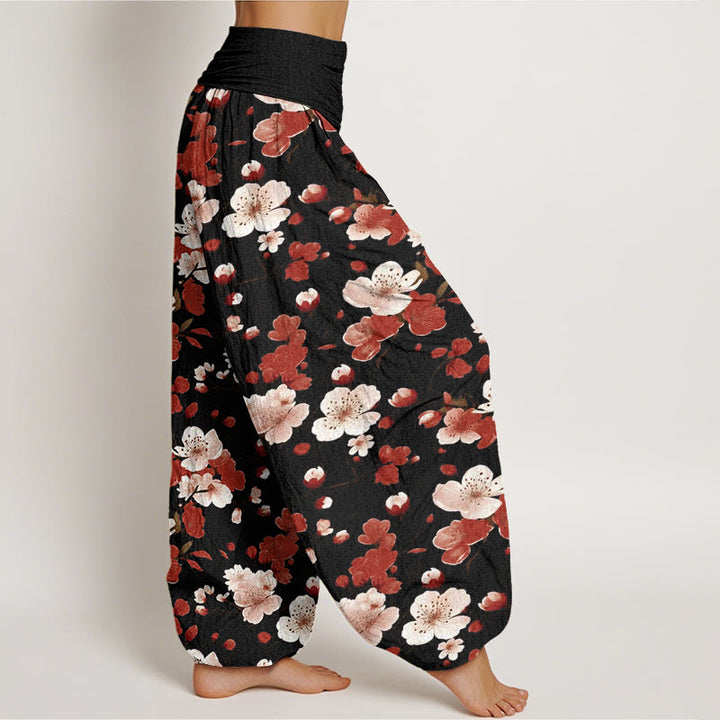 Buddha Stonesピンクレッド桃の花デザインレディース伸縮性ウエストハーレムパンツ - image 3