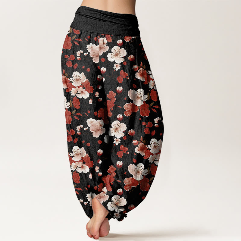 Buddha Stonesピンクレッド桃の花デザインレディース伸縮性ウエストハーレムパンツ - image 2