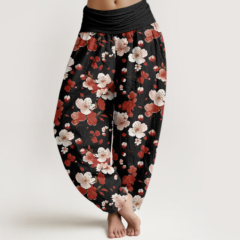 Buddha Stonesピンクレッド桃の花デザインレディース伸縮性ウエストハーレムパンツ - 黒 - US22、 UK/AU26、 EU54 (6XL) - image 1