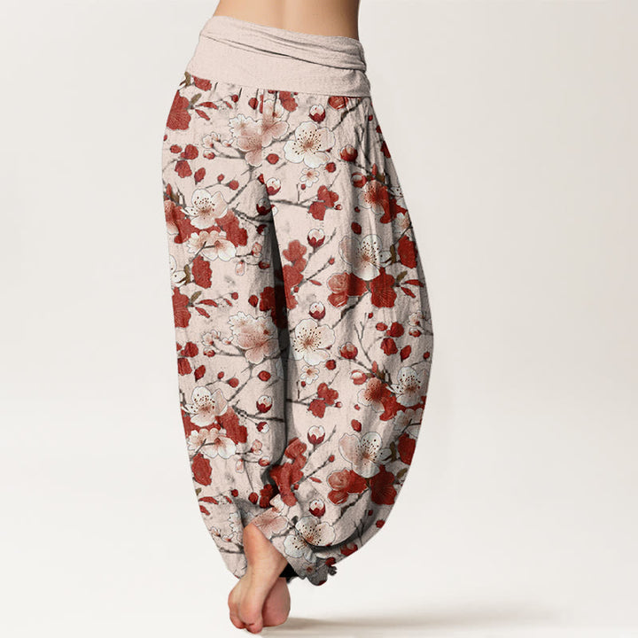 Buddha Stonesピンクレッド桃の花デザインレディース伸縮性ウエストハーレムパンツ - image 6