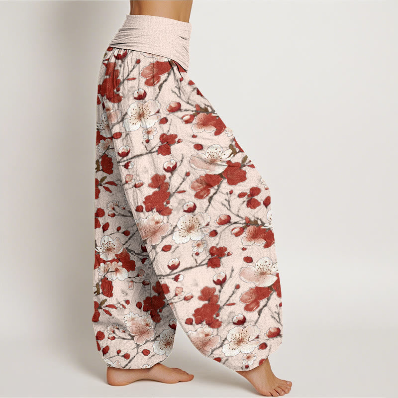 Buddha Stonesピンクレッド桃の花デザインレディース伸縮性ウエストハーレムパンツ - image 7