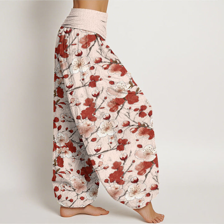 Buddha Stonesピンクレッド桃の花デザインレディース伸縮性ウエストハーレムパンツ - image 7