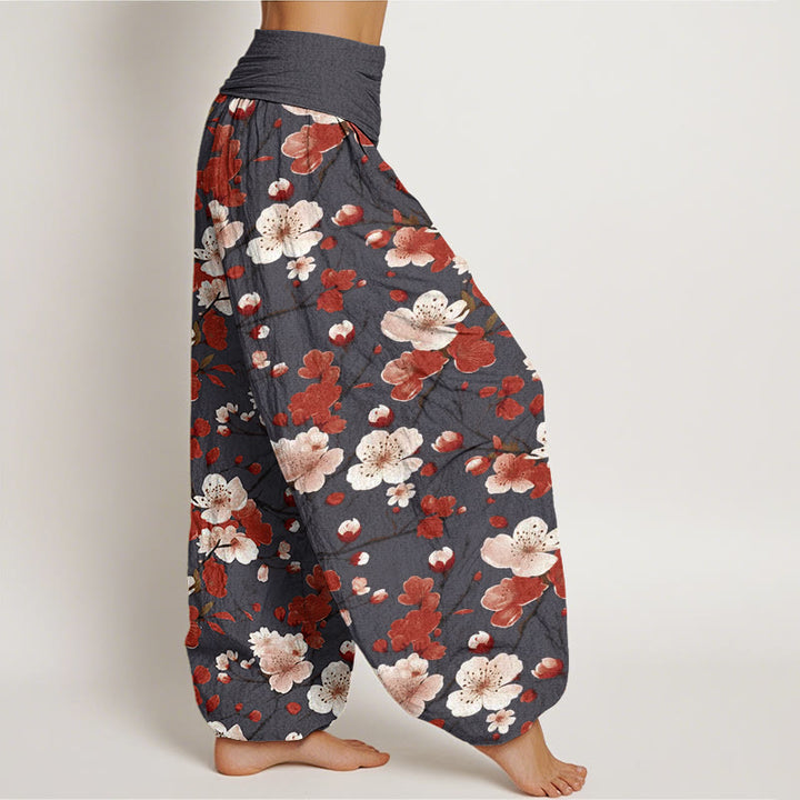 Buddha Stonesピンクレッド桃の花デザインレディース伸縮性ウエストハーレムパンツ - image 10