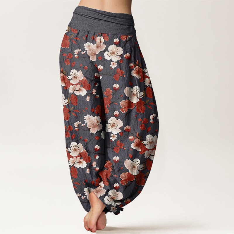 Buddha Stonesピンクレッド桃の花デザインレディース伸縮性ウエストハーレムパンツ - image 9