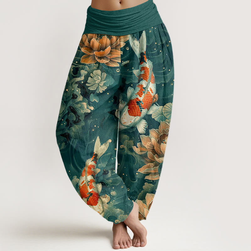 Buddha Stones、カラフルな鯉、蓮の花のデザイン、レディース 伸縮性ウエスト ハーレムパンツ - ライトシーグリーン - US22、 UK/AU26、 EU54 (6XL) - image 1