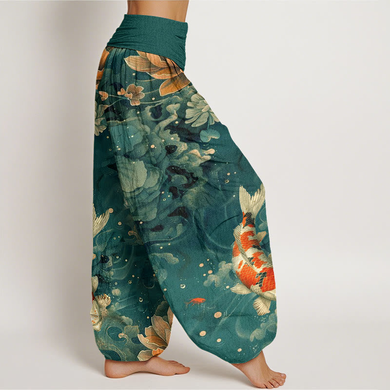Buddha Stones、カラフルな鯉、蓮の花のデザイン、レディース 伸縮性ウエスト ハーレムパンツ - image 3