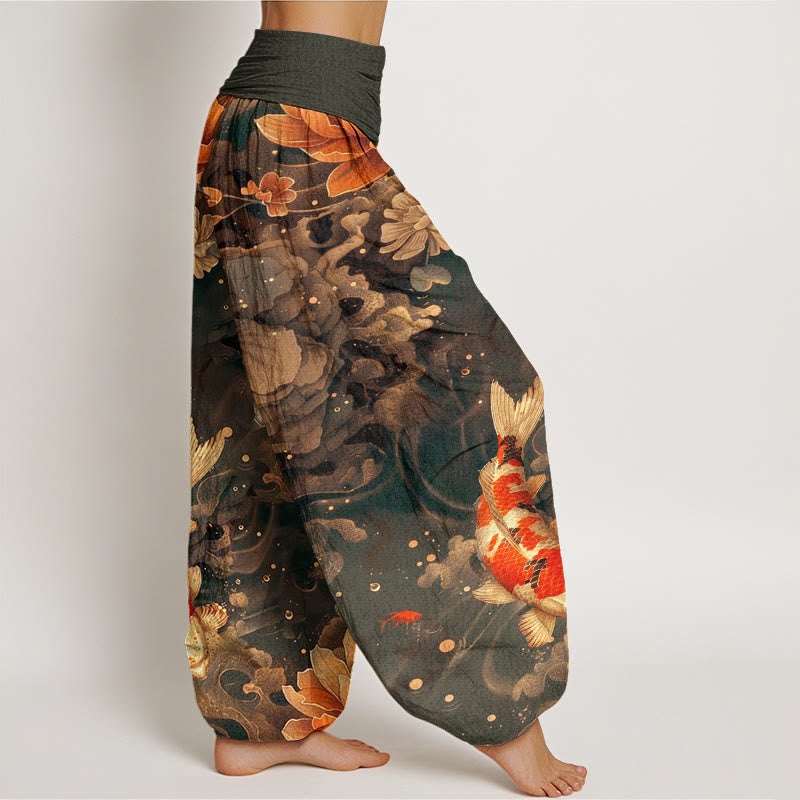 Buddha Stones、カラフルな鯉、蓮の花のデザイン、レディース 伸縮性ウエスト ハーレムパンツ - image 7