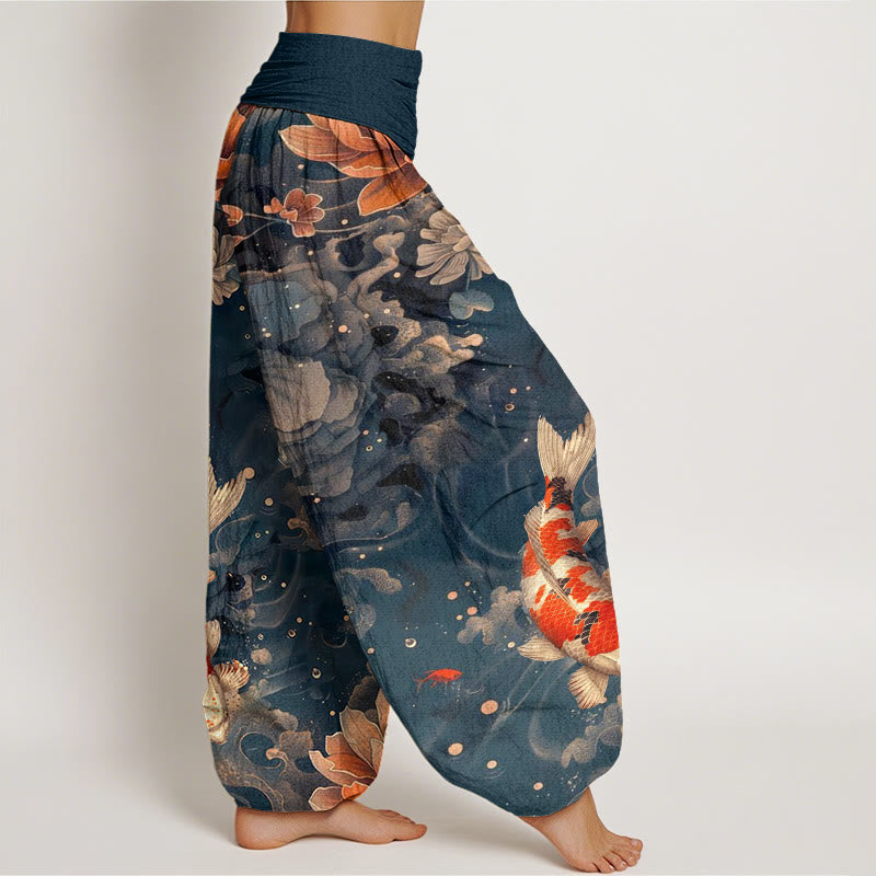 Buddha Stones、カラフルな鯉、蓮の花のデザイン、レディース 伸縮性ウエスト ハーレムパンツ - image 10