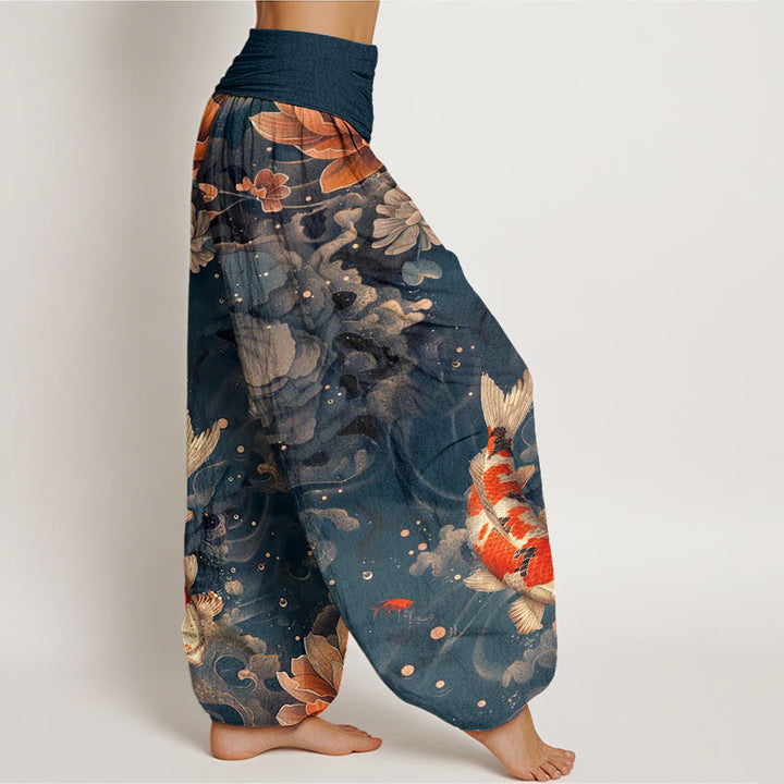 Buddha Stones、カラフルな鯉、蓮の花のデザイン、レディース 伸縮性ウエスト ハーレムパンツ - image 10