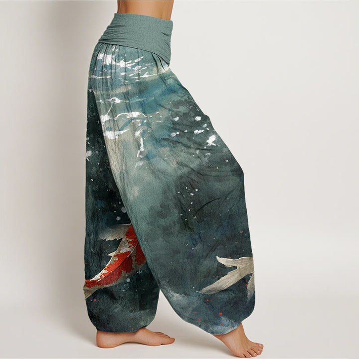 Buddha Stonesとカラフルな鯉の海のデザインレディース伸縮性ウエストハーレムパンツ - image 3