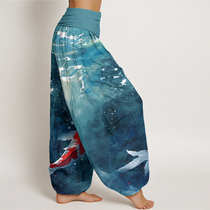 Buddha Stonesとカラフルな鯉の海のデザインレディース伸縮性ウエストハーレムパンツ - image 10