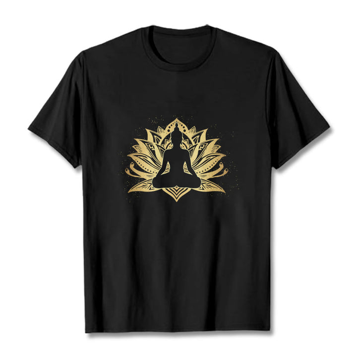 Buddha Stones、黄金の蓮、瞑想仏陀Tシ​​ャツ - 黒 - 2XL - image 1