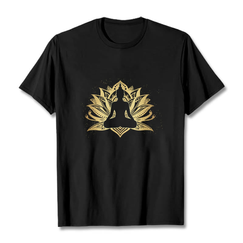 Buddha Stones、黄金の蓮、瞑想仏陀Tシ​​ャツ - 黒 - 2XL - image 0