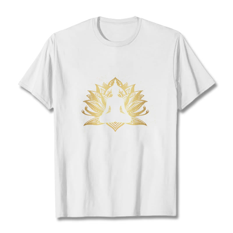 Buddha Stones、黄金の蓮、瞑想仏陀Tシ​​ャツ - 白 - 2XL - image 6