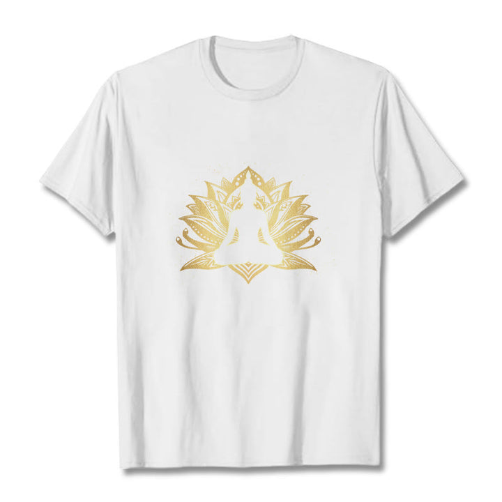 Buddha Stones、黄金の蓮、瞑想仏陀Tシ​​ャツ - 白 - 2XL - image 5