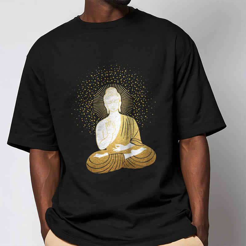 Buddha Stones、黄金の瞑想、黄金のオーラを持つ仏陀のTシャツ - image 4