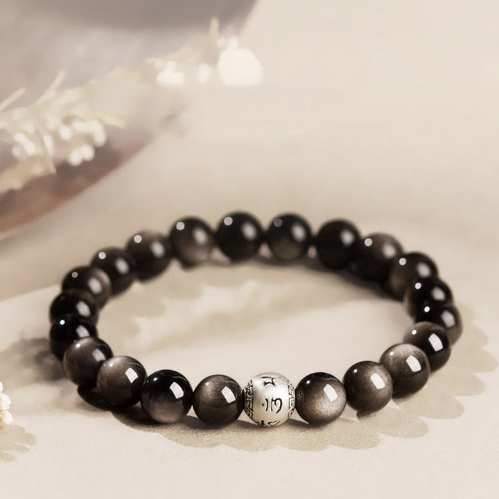 Buddha Stones天然銀光沢黒曜石オーム・マニ・パドメ・フム守護ブレスレット