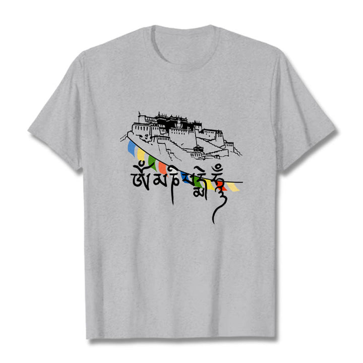 Buddha Stonesポタラ宮オーム・マニ・パドメ・フム祈祷旗 コットンTシャツ - ライトグレー - 2XL - image 1