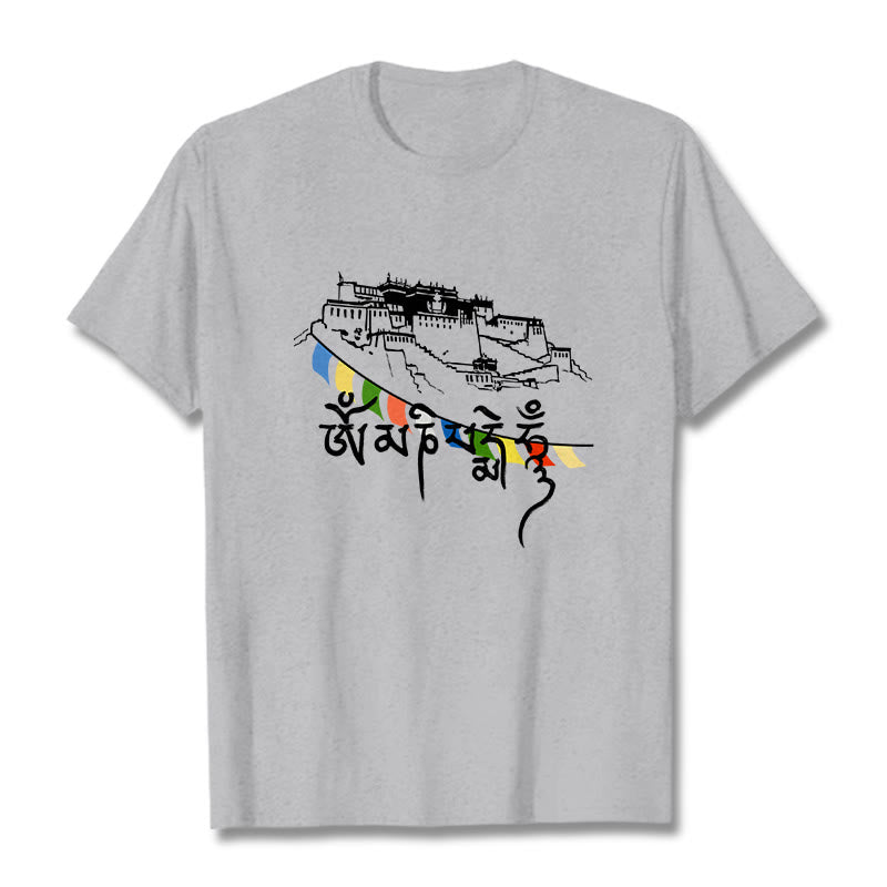 Buddha Stonesポタラ宮オーム・マニ・パドメ・フム祈祷旗 コットンTシャツ - ライトグレー - 2XL - image 0