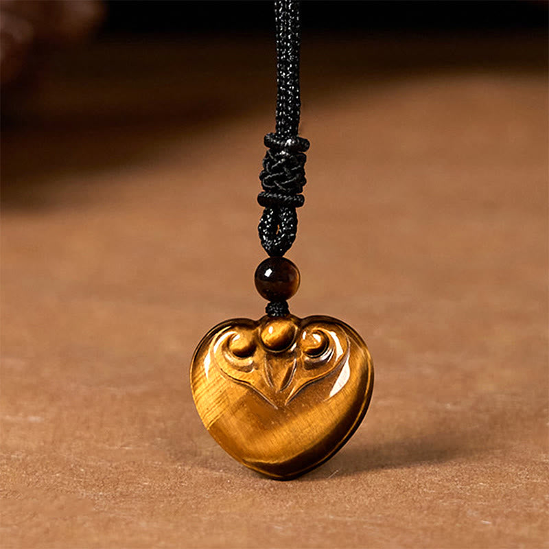Buddha Stones天然タイガーアイラブハート柄保護ロープネックレスペンダント