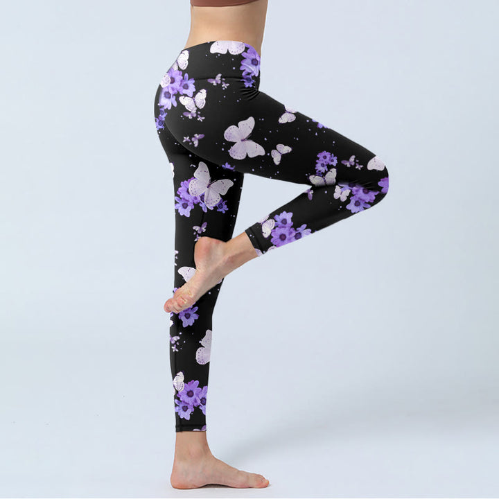 Buddha Stonesパープルフローラルバタフライプリント エクササイズレギンス レディース ヨガパンツ - image 5