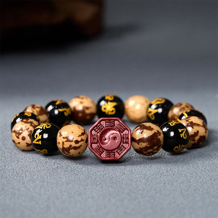 Buddha Stones菩提種子オーム・マニ・パドメ・フム八卦陰陽辰砂彫刻穏やかなブレスレット