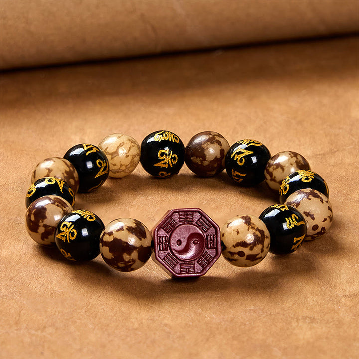 Buddha Stones菩提種子オーム・マニ・パドメ・フム八卦陰陽辰砂彫刻穏やかなブレスレット