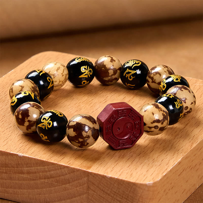 Buddha Stones菩提種子オーム・マニ・パドメ・フム八卦陰陽辰砂彫刻穏やかなブレスレット