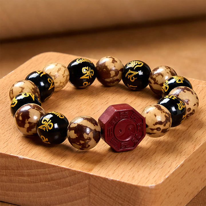 Buddha Stones菩提種子オーム・マニ・パドメ・フム八卦陰陽辰砂彫刻穏やかなブレスレット