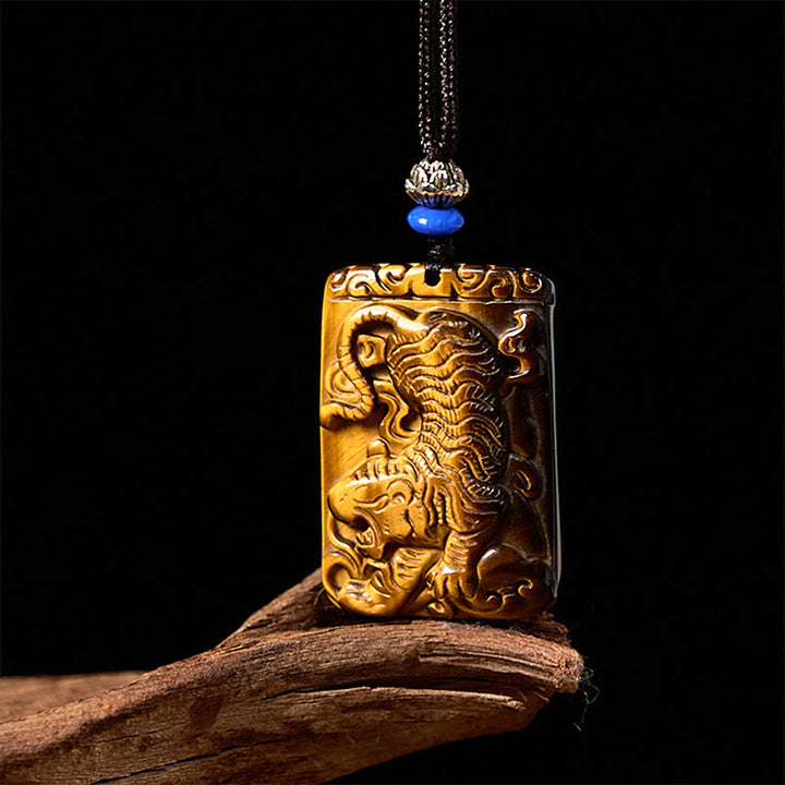 Buddha Stones天然タイガーアイスクエアタイガーパターン保護ロープネックレスペンダント