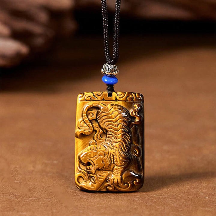 Buddha Stones天然タイガーアイスクエアタイガーパターン保護ロープネックレスペンダント