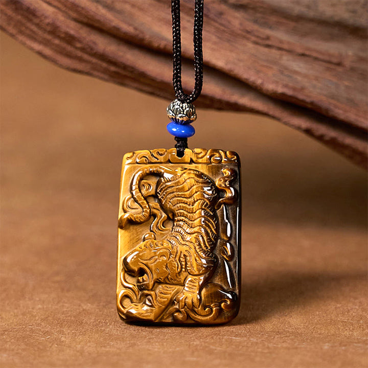 Buddha Stones天然タイガーアイスクエアタイガーパターン保護ロープネックレスペンダント