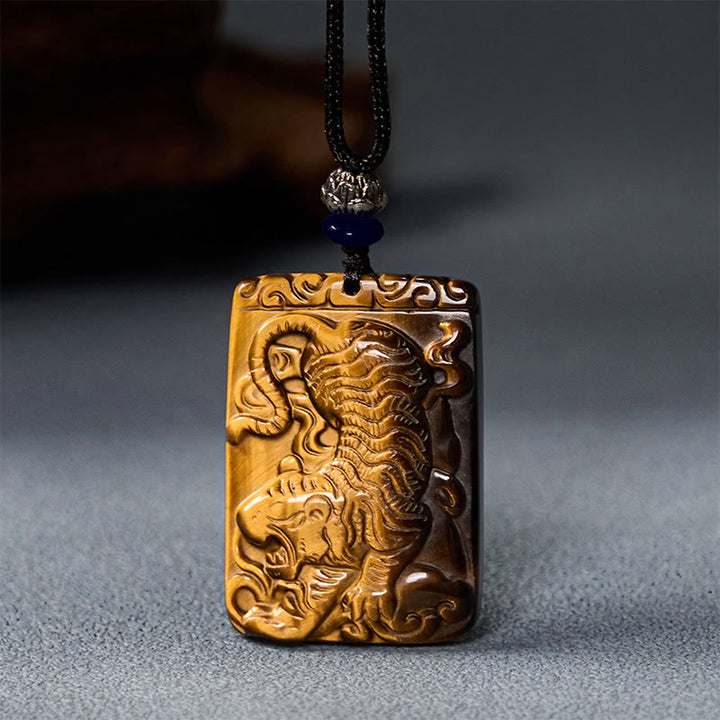 Buddha Stones天然タイガーアイスクエアタイガーパターン保護ロープネックレスペンダント