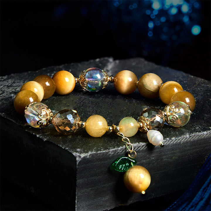 Buddha Stones天然タイガーアイビーズ グリーンリーフ 勇気ブレスレット